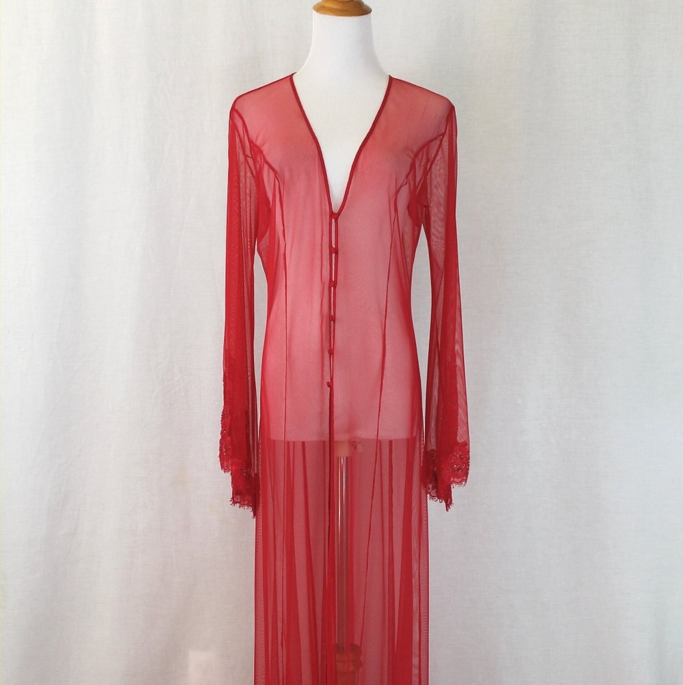 Vintage Victoria Secret Beaded Lace Sheer Red Peignoir Robe XS/S